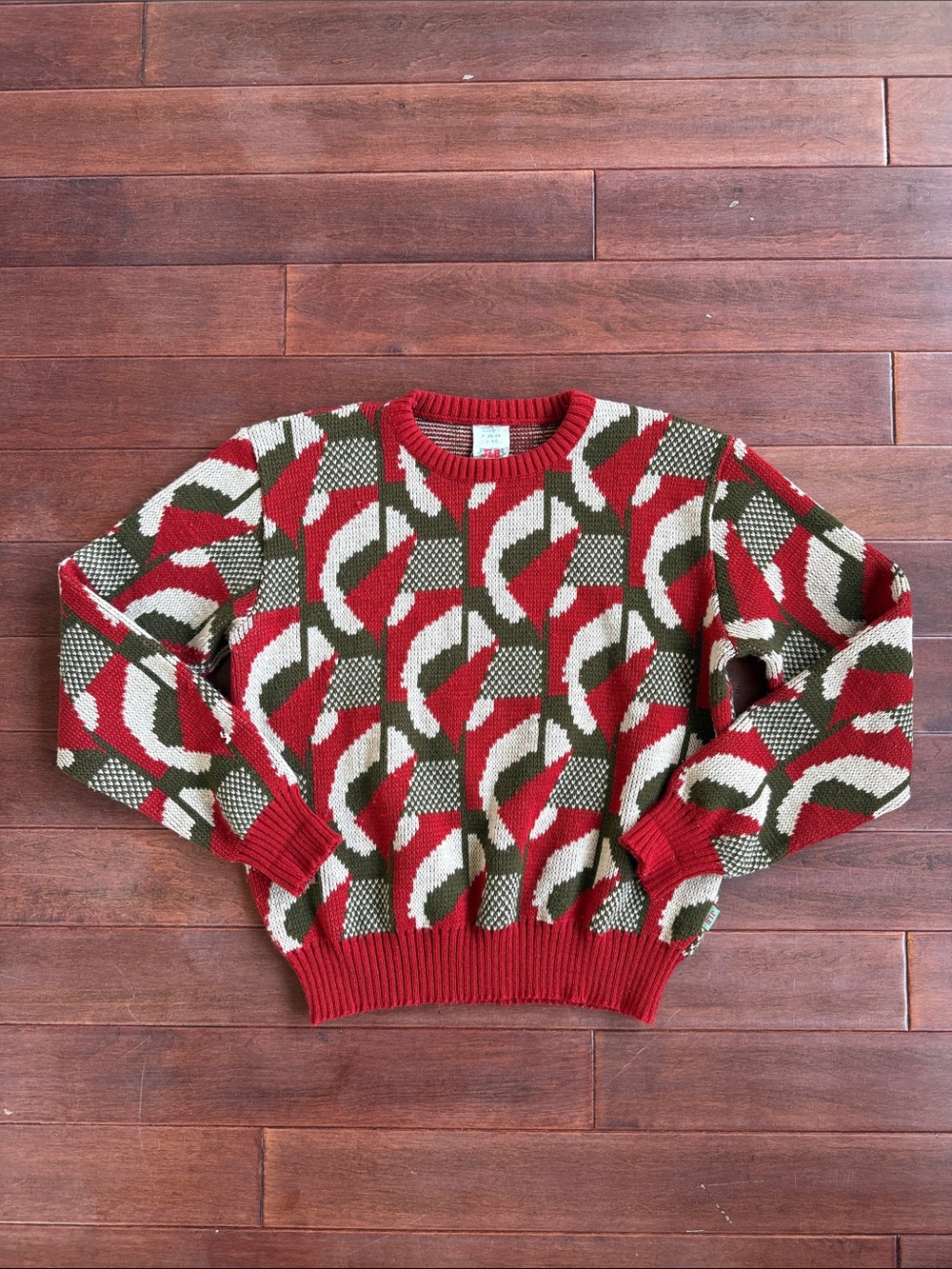 Vintage JLB French Geometric Knit Sweater – Red, Olive & Cream